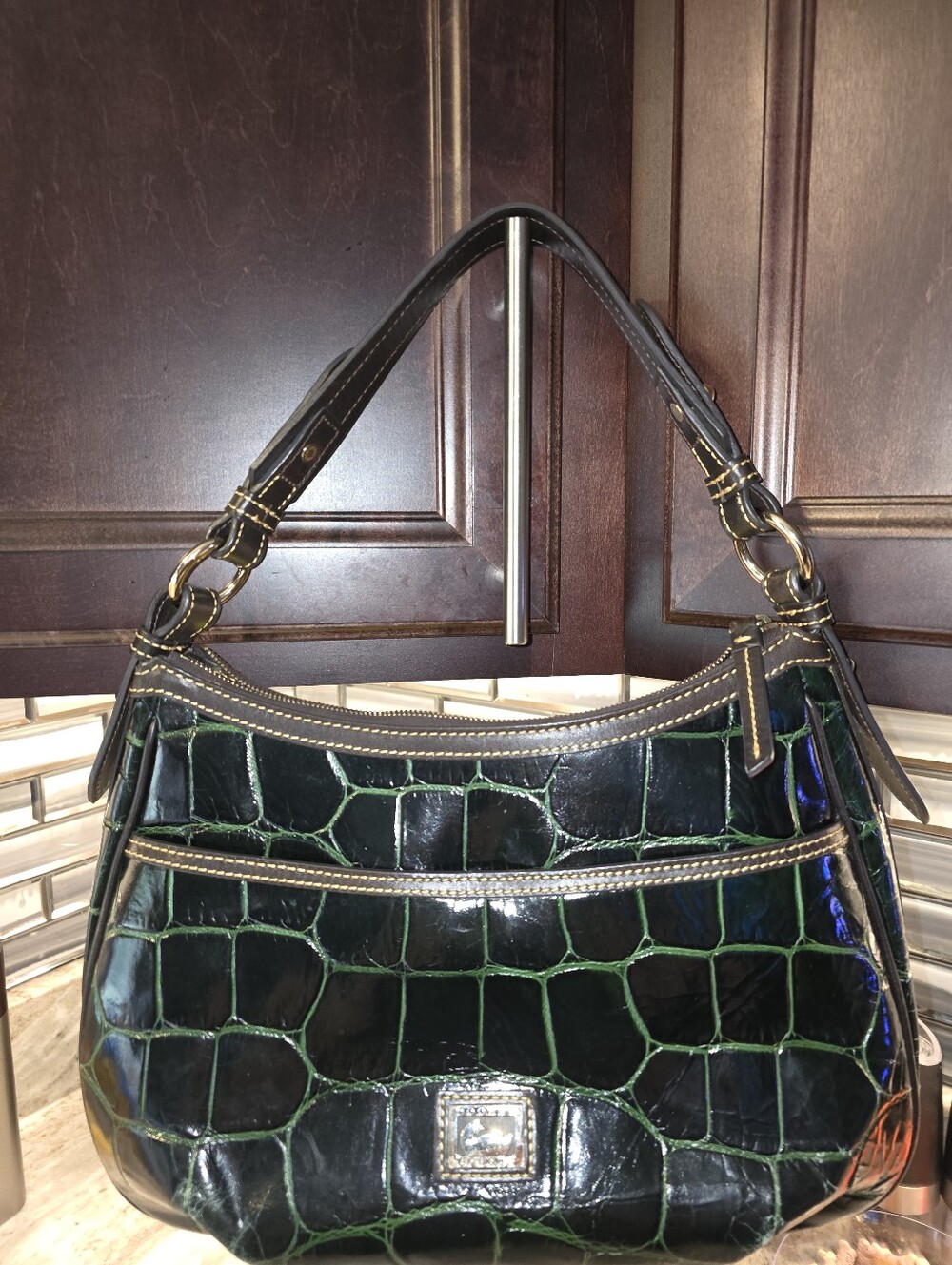 Dooney & Bourke Black and Green Croc-Embossed Hobo - Picture 5 of 10